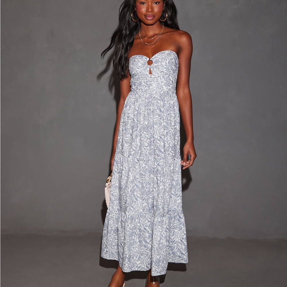 Lush Strapless White & Light Gray Floral Maxi Dress